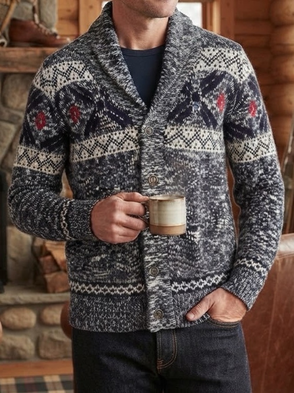 Alcott Knitwear Mens XL Fair Isle Shawl Collar Button Cardigan Nordic Fair Isle